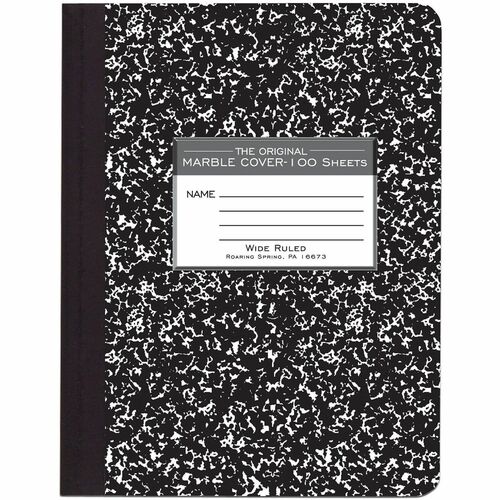 Roaring Spring Wide-ruled Composition Book - 100 Sheets - 200 Pages - Sewn/Tapebound - Both Side Ruling Surface - Wide Ruled Front Ruling - Red Margin - 15 lb Basis Weight - 7.5" Width x 9.8" Depth - White Paper - Black Marble Board Cover - Hard Cover, Sm