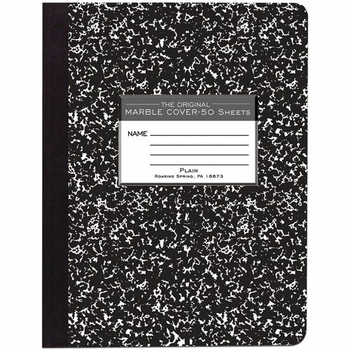 Roaring Spring Unruled Paper Composition Book - 50 Sheets - 100 Pages - Plain - Sewn/Tapebound - Unruled Front Ruling - 15 lb Basis Weight - 9.8" Width x 7.5" Depth - White Paper - Black Marble Board Cover - Hard Cover, Smooth, Heavy Duty, Unruled