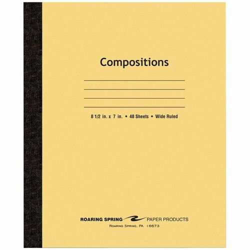 Roaring Spring Plain Cover Tapebound Comp Notebook - 48 Sheets - 96 Pages - Sewn/Tapebound - Both Side Ruling Surface - Wide Ruled Front Ruling - 15 lb Basis Weight - Legal - 7" Width x 8.5" Depth - White Paper - Black Binding - Manila Card Stock Cover - 