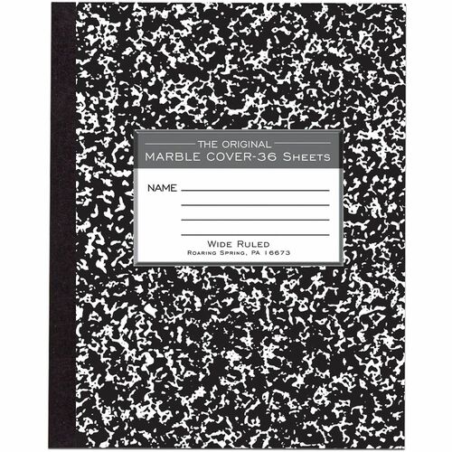 Roaring Spring Tape Bound Composition Notebooks - 36 Sheets - 72 Pages - Sewn/Tapebound - Both Side Ruling Surface - Wide Ruled Front Ruling - Red Margin - 15 lb Basis Weight - 7" Width x 8.5" Depth - White Paper - Black Binding - Black Marble Board Cover