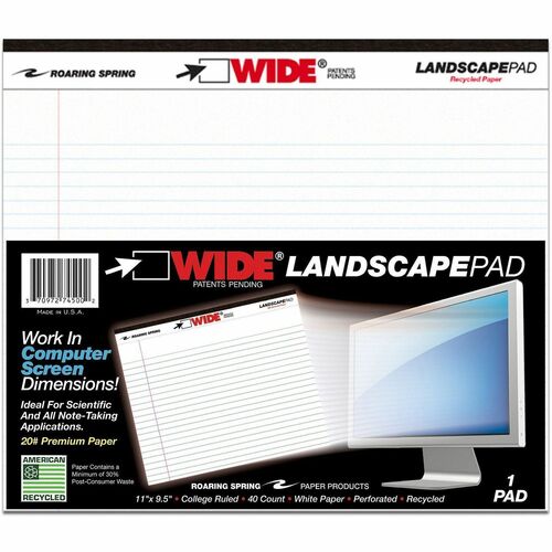 Roaring Spring Wide Landscape White Writing Pads - 40 Sheets - 80 Pages - Stapled/Tapebound - Both Side Ruling Surface - College Ruled Front Ruling - 0.28" Ruled - Red Margin - 20 lb Basis Weight - Legal - 11" x 9 1/2" Sheet Size - White Paper - White Cov