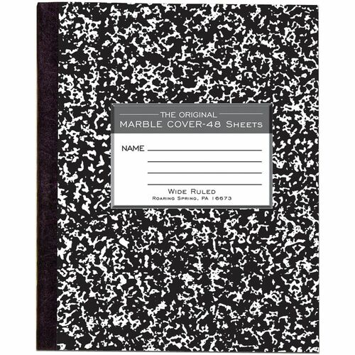 Roaring Spring Tape Bound Composition Notebooks - 48 Sheets - 96 Pages - Sewn/Tapebound - Both Side Ruling Surface - Wide Ruled Front Ruling - Red Margin - 15 lb Basis Weight - 7" Width x 8.5" Depth - White Paper - Black Binding - Black Marble Marble Boar
