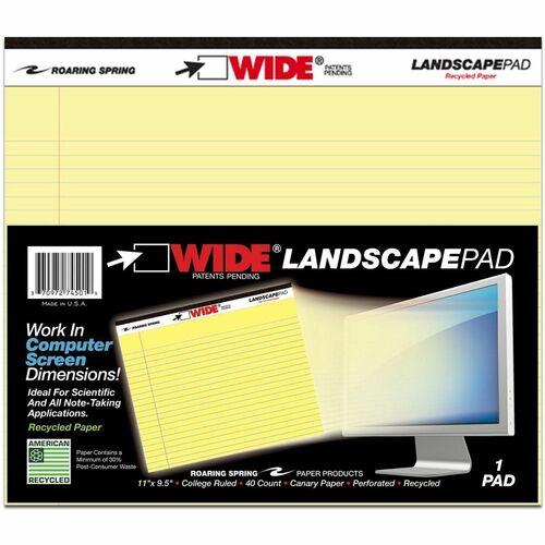 Roaring Spring Wide Landscape Canary Writing Pads - 40 Sheets - 80 Pages - Stapled/Tapebound - Both Side Ruling Surface - College Ruled Front Ruling - 0.28" Ruled - Red Margin - 20 lb Basis Weight - Legal - 11" x 9 1/2" Sheet Size - Canary Paper - Canary 