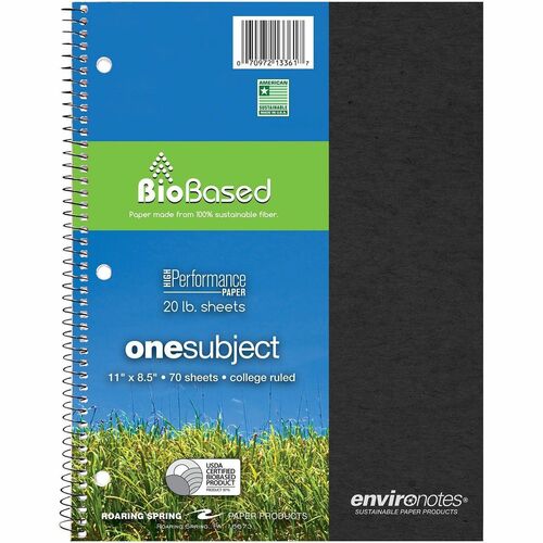 Roaring Spring Environotes Wirebound Notebook - 1 Subject(s) - 70 Sheets - 140 Pages - Spiral - Both Side Ruling Surface - College Ruled Front Ruling - 3 Hole(s) - 20 lb Basis Weight - 11" Width x 8.5" Depth - White Paper - Assorted Chipboard, Board Cover