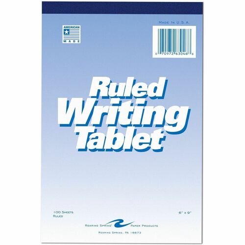 Roaring Spring Ruled Writing Tablets - 100 Sheets - 200 Pages - Plain - Glued/Tapebound - Both Side Ruling Surface - Wide Ruled Front Ruling - 15 lb Basis Weight - Letter - 6" x 9" Sheet Size - White Paper - White Binding - White Cover - Smooth - 4 / Cart