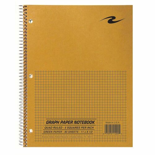 Roaring Spring Graph Paper Notebook - 1 Subject(s) - 80 Sheets - 160 Pages - Spiral Bound - Both Side Ruling Surface - Quad Ruled Front Ruling - Ruled Margin - 3 Hole(s) - 15 lb Basis Weight - Letter - 8.5" Width x 11" Depth - Green Paper - Brown Kraft, B