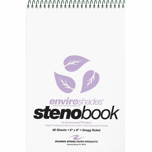 Roaring Spring Enviroshades Gregg-Ruled Steno Book - 80 Sheets - 160 Pages - Spiral Bound - Gregg Ruled Margin - 15 lb Basis Weight - 6" Width x 9" Depth - Orchid Paper - Board Cover - Smooth, Snag Proof, WireLock, Heavy Duty Cover, Ruler - Recycled - 6 /
