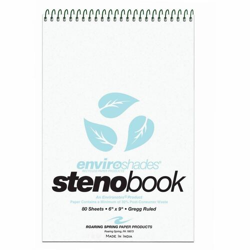 Roaring Spring Enviroshades Gregg-Ruled Steno Book - 80 Sheets - 160 Pages - Spiral Bound - Gregg Ruled Margin - 15 lb Basis Weight - 6" Width x 9" Depth - Blue Paper - Blue Board Cover - Smooth, Snag Proof, WireLock, Heavy Duty Cover, Ruler - Recycled - 