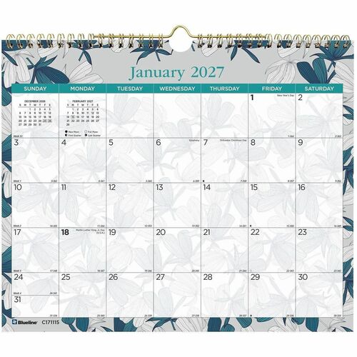 Blueline Garden Monthly Wall Calendar - Julian Dates - Monthly - 12 Month - January to December - 1 Month, 1 Day Single Page Layout - 15" x 12" Sheet Size - Twin Wire - Wall Mount - Paper