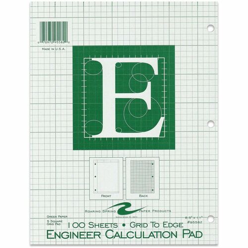 Roaring Spring Engineer Calculation Pads - 100 Sheets - 200 Pages - Printed - Glued - 3 Hole(s) - 15 lb Basis Weight - Letter - 11" Width x 8.5" Depth - Green Tint Paper - Green Cover - Smooth, Sturdy, Poly Wrapped