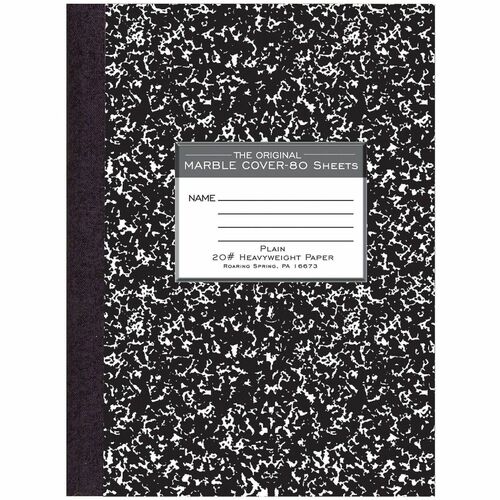 Roaring Spring Marble Unruled Composition Book - 80 Sheets - 160 Pages - Plain - Sewn/Tapebound - Unruled Front Ruling - 20 lb Basis Weight - 10.3" Width x 7.9" Depth - White Paper - Black Marble Marble Board Cover - Hard Cover, Heavyweight