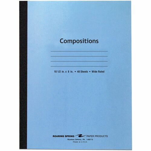 Roaring Spring Wide Rule Composition Notebook - 48 Sheets - 96 Pages - Sewn/Tapebound - Both Side Ruling Surface - Wide Ruled Front Ruling - Red Margin - 15 lb Basis Weight - 10.5" Width x 8" Depth - White Paper - Black Binding - Blue Card Stock Cover - S