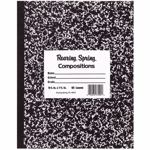 Roaring Spring Tape Bound Composition Notebooks - 60 Sheets - 120 Pages - Sewn/Tapebound - Both Side Ruling Surface - Wide Ruled Front Ruling - Red Margin - 15 lb Basis Weight - 7.8" Width x 9.8" Depth - White Paper - Black Marble Marble Board Cover - Smo