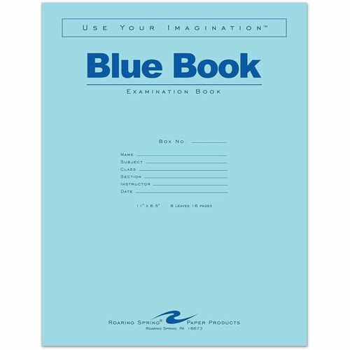 Roaring Spring Examination Book - 8 Sheets - 16 Pages - Stapled - Both Side Ruling Surface - Wide Ruled Front Ruling - Wide Ruled Red Margin - 15 lb Basis Weight - Legal - 11" Width x 8.5" Depth - White Paper - Blue Paper Cover - Smooth