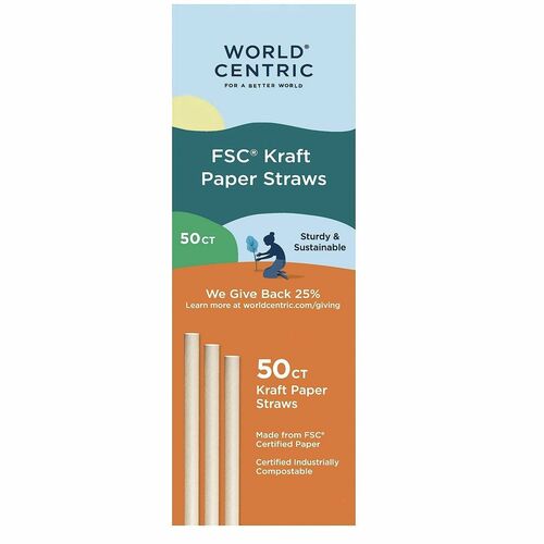 World Centric 8" Compostable Kraft Paper Straws - 8" Length - Kraft Paper - Beige - 50 / Pack
