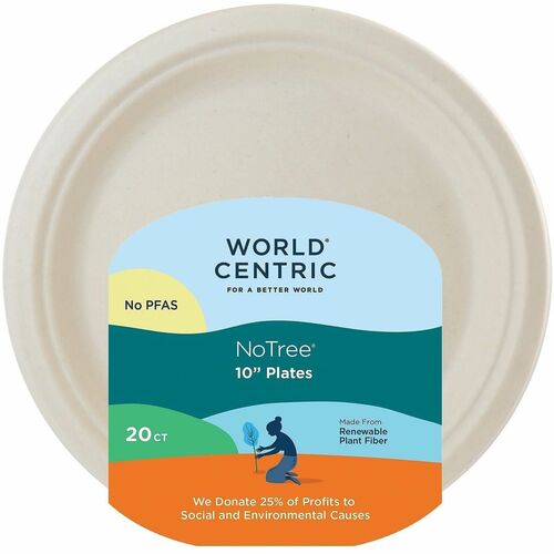 World Centric 10" Compostable Fiber Plates - Breakroom, Picnic, Party - 10" Diameter - Beige, Natural - Fiber Body - 20 / Pack