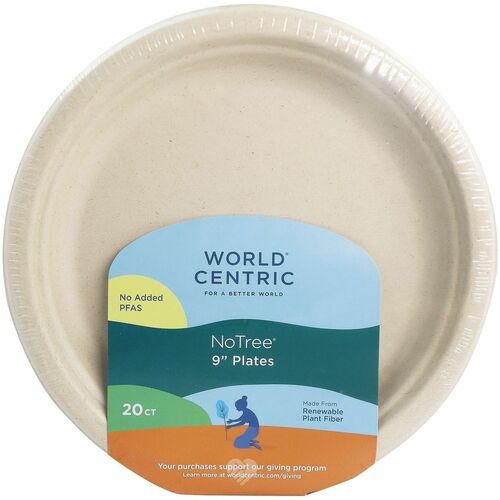World Centric 9" Compostable Fiber Plates - Food, Breakroom, Picnic, Party - 9" Diameter - Beige, Natural - Fiber Body - 20 / Pack