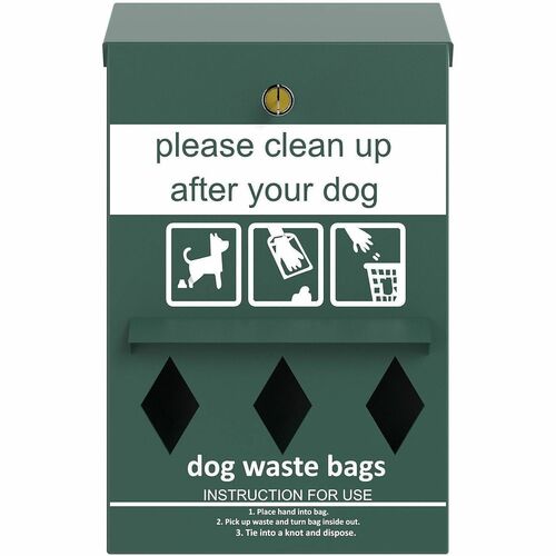 Furloo Wall-Mount Pet Waste Roll Bag Dispenser - Green - Galvalume Steel - Heavy Duty, Durable, Rust-free, Long Lasting, Weather Resistant, Powder Coat Finish, Wall Mountable, Locking Mechanism - 16.5" Height x 9.8" Width x 3.5" Depth