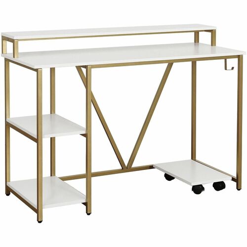 Techni Mobili Industrial Writing Desk - Modern Style - 6 Legs - 88 lb Capacity - 46.50" Table Top Width x 19" Table Top Depth - 34" Height - Industry, Writing, Home Office, Storage, Accessories, Monitor - Assembly Required - White, Gold - Engineered Wood 