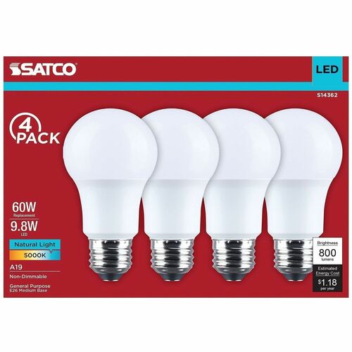 Satco 9.8W A19 LED Frosted Bulbs - 9.80 W - 60 W Incandescent Equivalent Wattage - 120 V AC - 800 lm - A19 Size - Frosted - Natural Light, White Light Color - E26 Base - 15000 Hour - 5000°K Color Temperature - 94 CRI - 230° Beam Angle - Flicker-fr