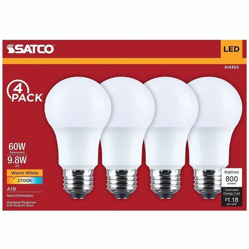 Satco 9.8W A19 LED Frosted Bulbs - 9.80 W - 60 W Incandescent Equivalent Wattage - 120 V AC - 800 lm - A19 Size - Frosted - Warm White, White Light Color - E26 Base - 15000 Hour - 2700°K Color Temperature - 93 CRI - 230° Beam Angle - Flicker-free 