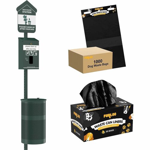 Furloo Header-Style Outdoor Dog Waste Station Kit - For Dog - Round - Green - Steel, Galvanized Steel - Heavy Duty, Locking Mechanism, Crack Resistant, Fade Resistant, Long Lasting, Hinged Lid, Glow-in-the-dark, Powder Coat Finish, Durable, Weather Resist