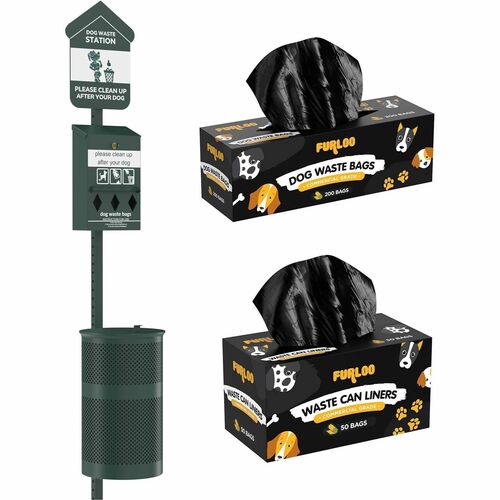 Furloo Roll-Style Outdoor Dog Waste Station Kit - For Dog - Green - Steel, Galvanized Steel - Heavy Duty, Locking Mechanism, Crack Resistant, Fade Resistant, Long Lasting, Hinged Lid, Glow-in-the-dark, Powder Coat Finish, Durable, Weather Resistant - 91.7