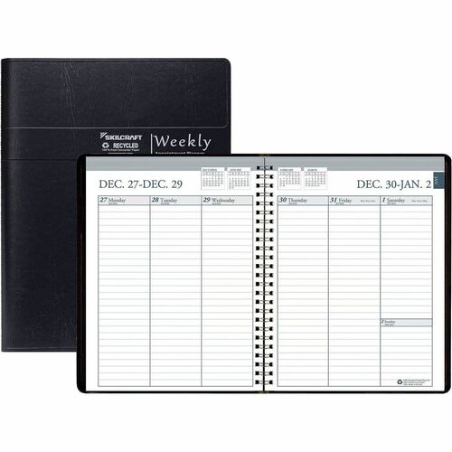 SKILCRAFT® Weekly Planner - Julian Dates - Weekly - 12 Month - January 2027 to December 2027 - 1 Week Double Page Layout - Letter - 8 1/2" x 11" Sheet Size - Paper - Black Leatherette Cover - 1 Each