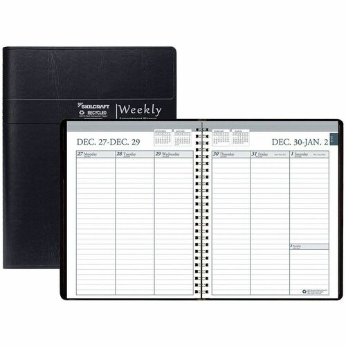 SKILCRAFT® Weekly Planner - Julian Dates - Weekly - 12 Month - January 2027 to December 2027 - 1 Week Double Page Layout - 5" x 8" Sheet Size - Paper - Black Leatherette Cover - 1 Each