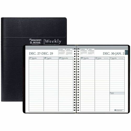 SKILCRAFT® Weekly Planner - Julian Dates - Weekly - 12 Month - January 2027 to December 2027 - 1 Week Double Page Layout - 6 29/32" x 8 3/4" Sheet Size - Paper - Black Leatherette Cover - 1 Each