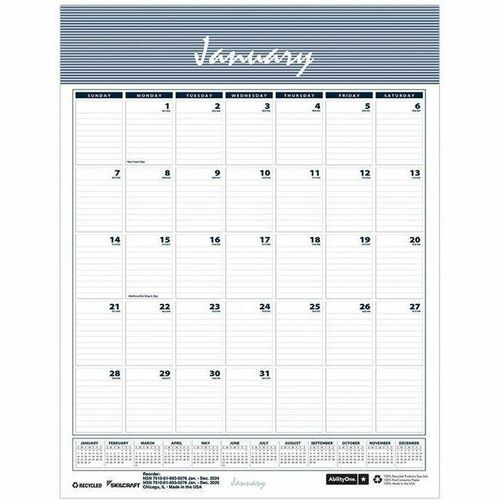 SKILCRAFT® Monthly Wall Calendars - Julian Dates - Monthly - 12 Month - January 2027 to December 2027 - 1 Month Single Page Layout - 12" x 17" Sheet Size - Wire Bound - Wall Mount - 1 Each