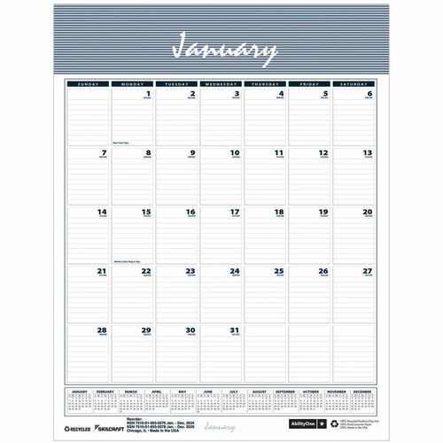 SKILCRAFT® Monthly Wall Calendars - Julian Dates - Monthly - 12 Month - January 2027 to December 2027 - 1 Month Single Page Layout - Letter - 8 1/2" x 11" Sheet Size - Wire Bound - Wall Mount - 1 Each
