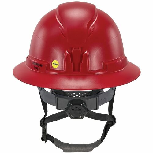 Ergodyne Skullerz 8963-MIPS Type 2 Full-Brim Safety Helmet - Recommended for: Construction, Utility, Oil & Gas, Forestry, Mining, General Purpose - Head, Impact, Sun, Rain Protection - Expanded Polystyrene Foam (EPS) - Red - Adjustable Ratchet, Ratchet, C