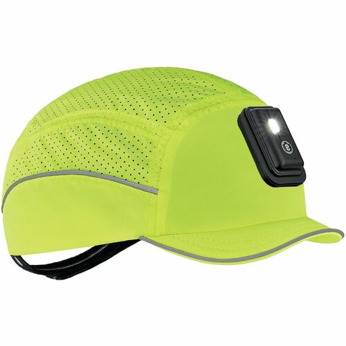 Ergodyne Skullerz 8965F(x) Bump Cap Hat with LED Light - Recommended for: Mechanic, Baggage Handling, Food Processing, Manufacturing, Inspection - Head, Heat Protection - Hook & Loop Closure - Polyethylene, Foam, Polyester Mesh - Lime - LED Light, Recharg