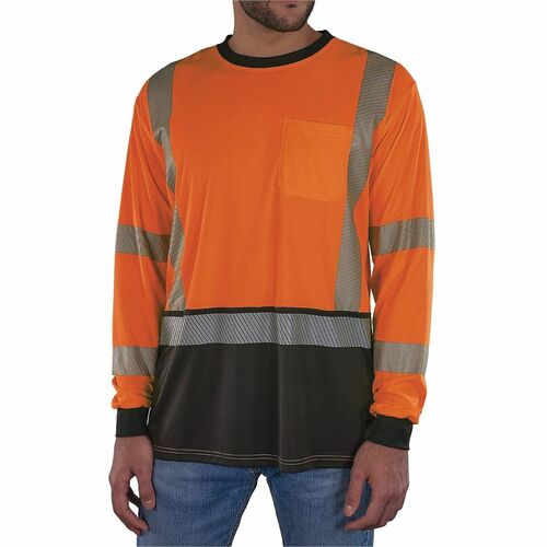 Ergodyne GloWear 8371BK Hi-Vis Long-Sleeve T-Shirt - 3XL Size - Unisex - Polyester, Fabric - Orange, Black