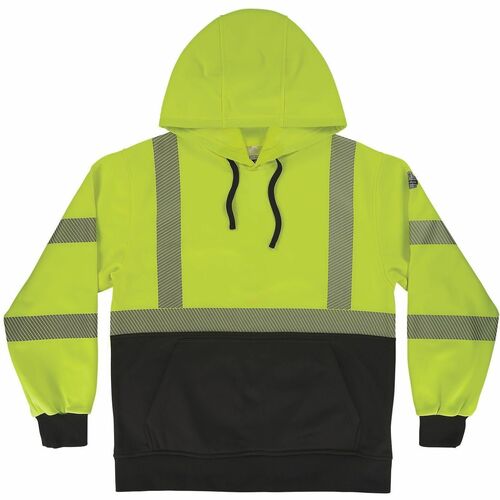 Ergodyne GloWear 8317BK Performance Hi-Vis Hooded Sweatshirt - Recommended for: Construction, Transportation - Medium - Cold Temperature Protection - Drawstring Closure Closure - 1 Pocket(s) - Polyester Fleece - Lime, Black - High Visibility, Attached Hoo