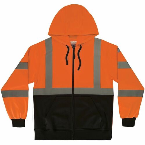 Ergodyne GloWear 8312BK Essential Hi-Vis Hooded Zip-Up - Recommended for: Construction, Transportation - Large - Dust, Dirt, Cold Temperature Protection - Drawstring/Zipper Closure - 1 Pocket(s) - Polyester Fleece - Orange, Black - High Visibility, Attach