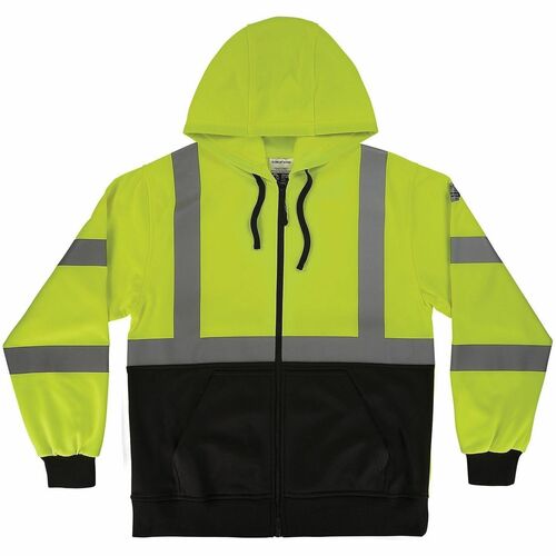 Ergodyne GloWear 8312BK Essential Hi-Vis Hooded Zip-Up - Recommended for: Construction, Transportation - Extra Large - Dust, Dirt, Cold Temperature Protection - Drawstring/Zipper Closure - 1 Pocket(s) - Polyester Fleece - Lime, Black - High Visibility, At