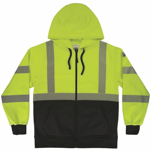 Ergodyne GloWear 8318BK Hi-Vis Hooded Zip-Up Sweatshirt - Recommended for: Construction, Transportation - 2XL - Cold Temperature Protection - Drawstring/Zipper Closure - 1 Pocket(s) - Polyester Fleece - Lime, Black - High Visibility, Attached Hood, Reflec
