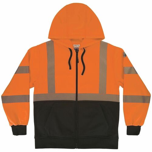 Ergodyne GloWear 8318BK Hi-Vis Hooded Zip-Up Sweatshirt - Recommended for: Construction, Transportation - 2XL - Cold Temperature Protection - Drawstring/Zipper Closure - 1 Pocket(s) - Polyester Fleece - Orange, Black - High Visibility, Attached Hood, Refl