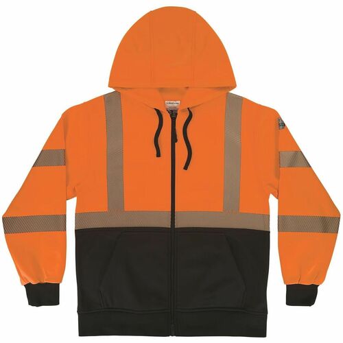 Ergodyne GloWear 8318BK Hi-Vis Hooded Zip-Up Sweatshirt - Recommended for: Construction, Transportation - Medium - Cold Temperature Protection - Drawstring/Zipper Closure - 1 Pocket(s) - Polyester Fleece - Orange, Black - High Visibility, Attached Hood, R