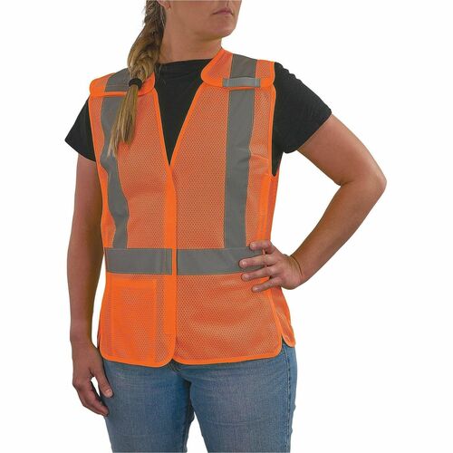 Ergodyne GloWear 8215BAW-S Womens Mesh Hi-Vis Safety Vest - Recommended for: Construction, Baggage Handling - Extra Large - Hook & Loop Closure - 1 Pocket(s) - Polyester Mesh - Orange - High Visibility, Hook & Loop, Reflective, Comfortable, Hook & Loop Cl