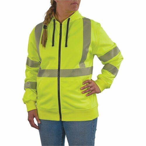 Ergodyne GloWear 8305W Womens Hi-Vis Hooded Zip-Up - Recommended for: Construction, Transportation - 3XL - Cold Temperature Protection - Drawstring/Zipper Closure - 1 Pocket(s) - Polyester Fleece - Lime - High Visibility, Attached Hood, Reflective, Comfor