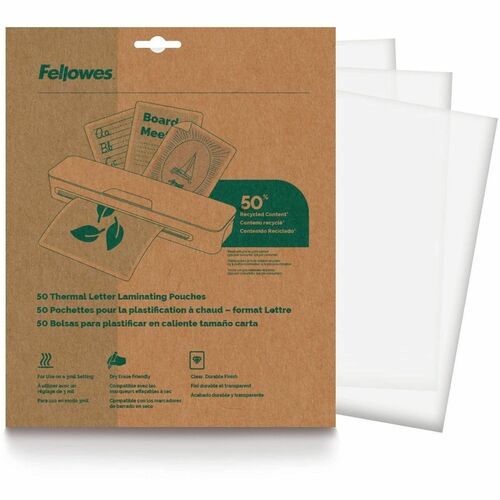 Fellowes Sustainable Laminating Sheets - Sheet Size Supported: Letter 8.50" Width x 11" Length - Laminating Pouch/Sheet Size: 3 mil Thickness - for Laminator - Dry Erase Friendly, Photo-safe, Water Resistant, Bubble-free - Clear