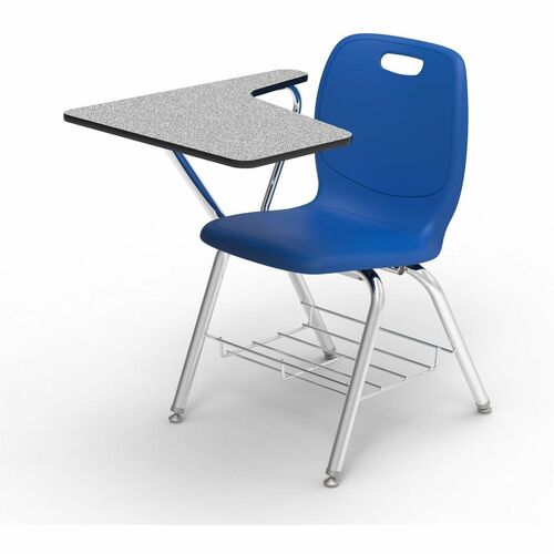 Lorell League Student Chair-Desk Combos with Tablet Arm - Material: High Pressure Laminate (HPL), Polypropylene, Nylon - Finish: Gray Nebula, Chrome, Cobalt - Compact, Armrest, Glide, Book Rack, Swivel, Easy to Clean - For Classroom, Training Room, Book, 