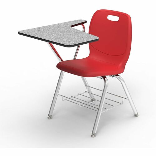 Lorell League Student Chair-Desk Combos with Tablet Arm - Material: High Pressure Laminate (HPL), Polypropylene, Nylon - Finish: Gray Nebula, Chrome, Red - Compact, Armrest, Glide, Book Rack, Swivel, Easy to Clean - For Classroom, Training Room, Book, Stu