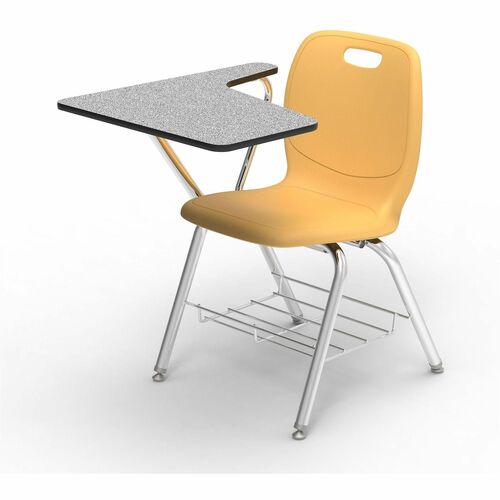 Lorell League Student Chair-Desk Combos with Tablet Arm - Material: High Pressure Laminate (HPL), Polypropylene, Nylon - Finish: Gray Nebula, Chrome, Squash - Compact, Armrest, Glide, Book Rack, Swivel - For Classroom, Training Room, Book, Student