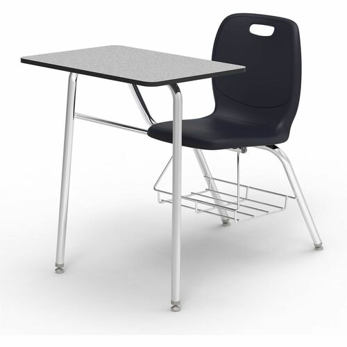 Lorell League Student Desk-Chair Combo - Material: High Pressure Laminate (HPL), Polypropylene, Nylon - Finish: Gray Nebula, Chrome, Black - Glide, Book Rack, Swivel, Easy to Clean - For Classroom, Storage, Book, Notebook, Student