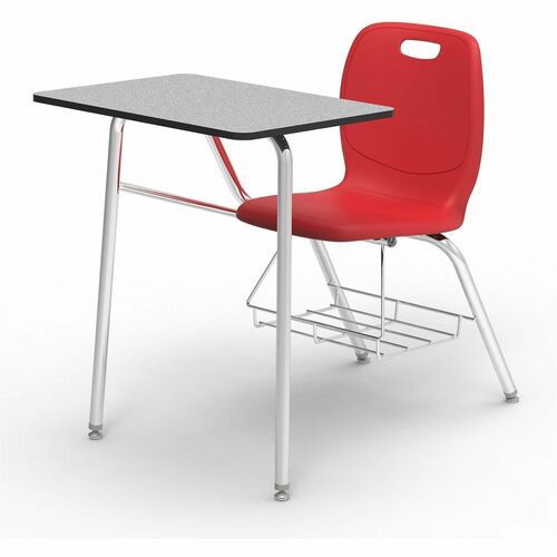 Lorell League Student Desk-Chair Combo - Material: High Pressure Laminate (HPL), Polypropylene, Nylon - Finish: Gray Nebula, Chrome, Red - Glide, Book Rack, Swivel, Easy to Clean - For Classroom, Storage, Book, Notebook, Student
