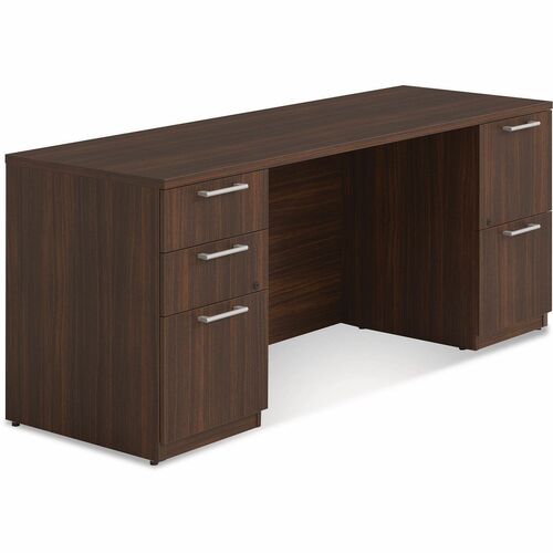 Alera Seville Series Double Pedestal Credenza, 72w x 24d x 29h, Mahogany - Total Drawer(s): 5 - Double Pedestal - Square Edge - Finish: Mahogany - For Desk